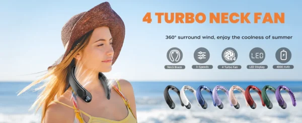 Portable Neck Fan 4 Turbo Hands Free Bladeless Neck Cooler 4000 mAh Battery Personal Wearable Fan 3 Speeds 360° Cooling Airflow - Image 10