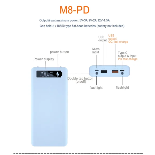 PD QC3.0 Quick Charge Battery 8 x18650 Power Bank Case Welding Free Dual USB 18650 Holder Storage Box Powerbank For Mobile Phone - Image 12