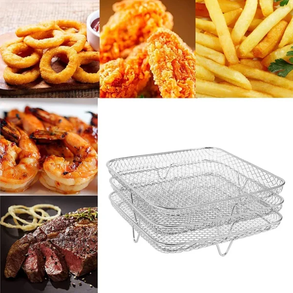 3-layers Air Fryers Rack Stackable Grid Grilling Rack Stainless Steel Anti-corrosion Home Kitchen Oven Steamer Cooker Gadgets - Image 5